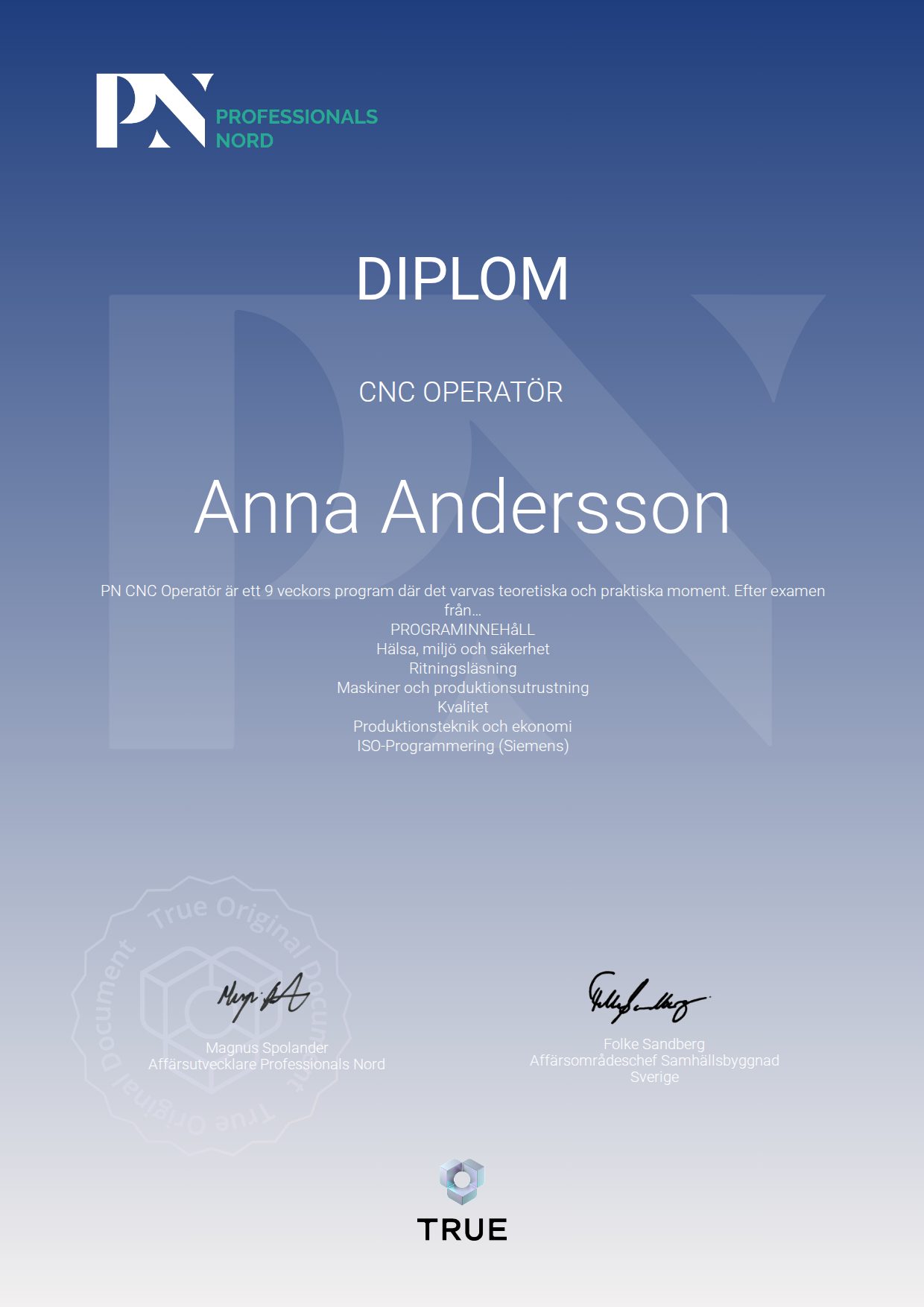 Example certificate for CNC Operatör from Satellite Group / Professionals Nord