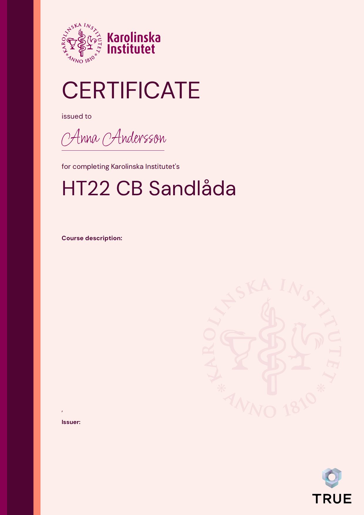 Example certificate for HT22 CB Sandlåda from KI - Karolinska Institutet