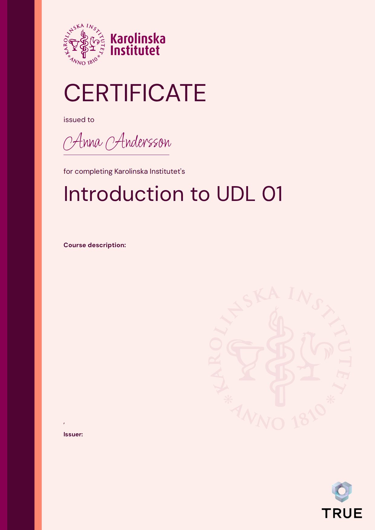 Example certificate for Introduction to UDL 01 from KI - Karolinska Institutet