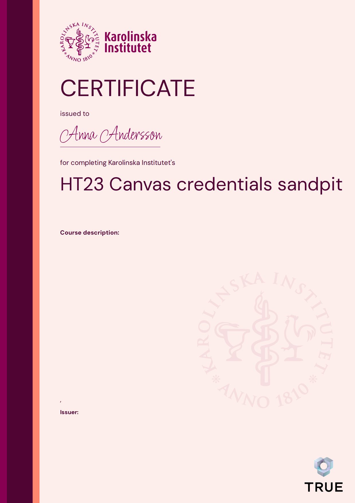 Exempel: diplom för HT23 Canvas credentials sandpit från KI - Karolinska Institutet