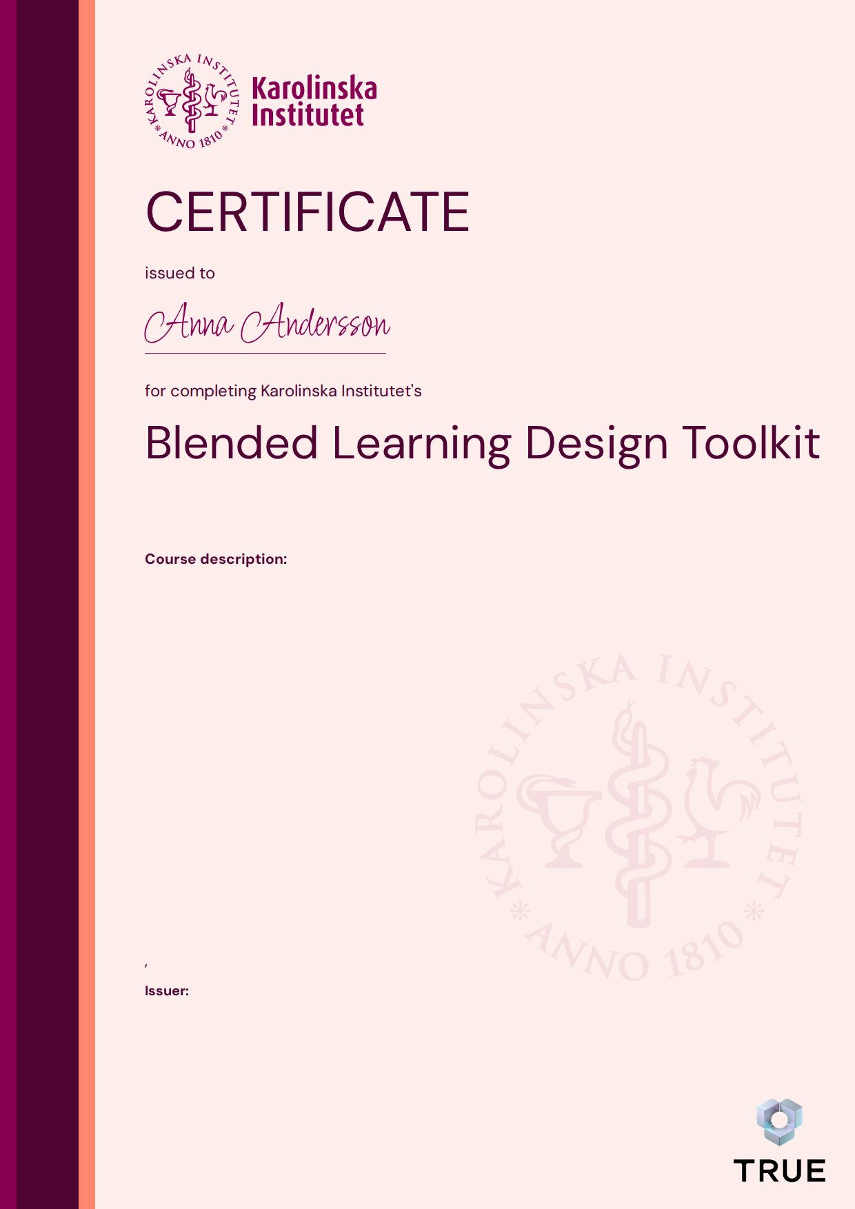 Example certificate for Blended Learning Design Toolkit from KI - Karolinska Institutet