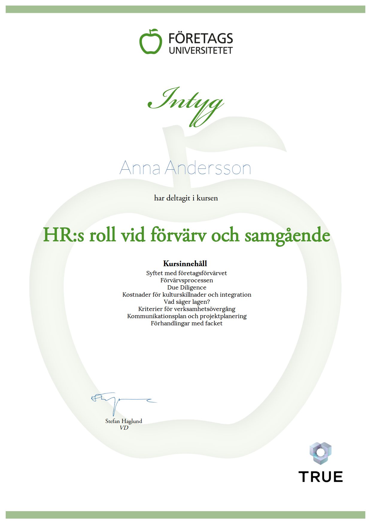 Exempel: diplom för HR:s roll vid förvärv och samgående från Företagsuniversitetet
