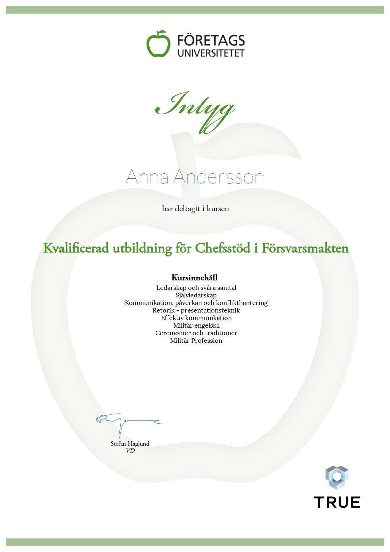 Example certificate for Kvalificerad utbildning för Chefsstöd i Försvarsmakten from Företagsuniversitetet