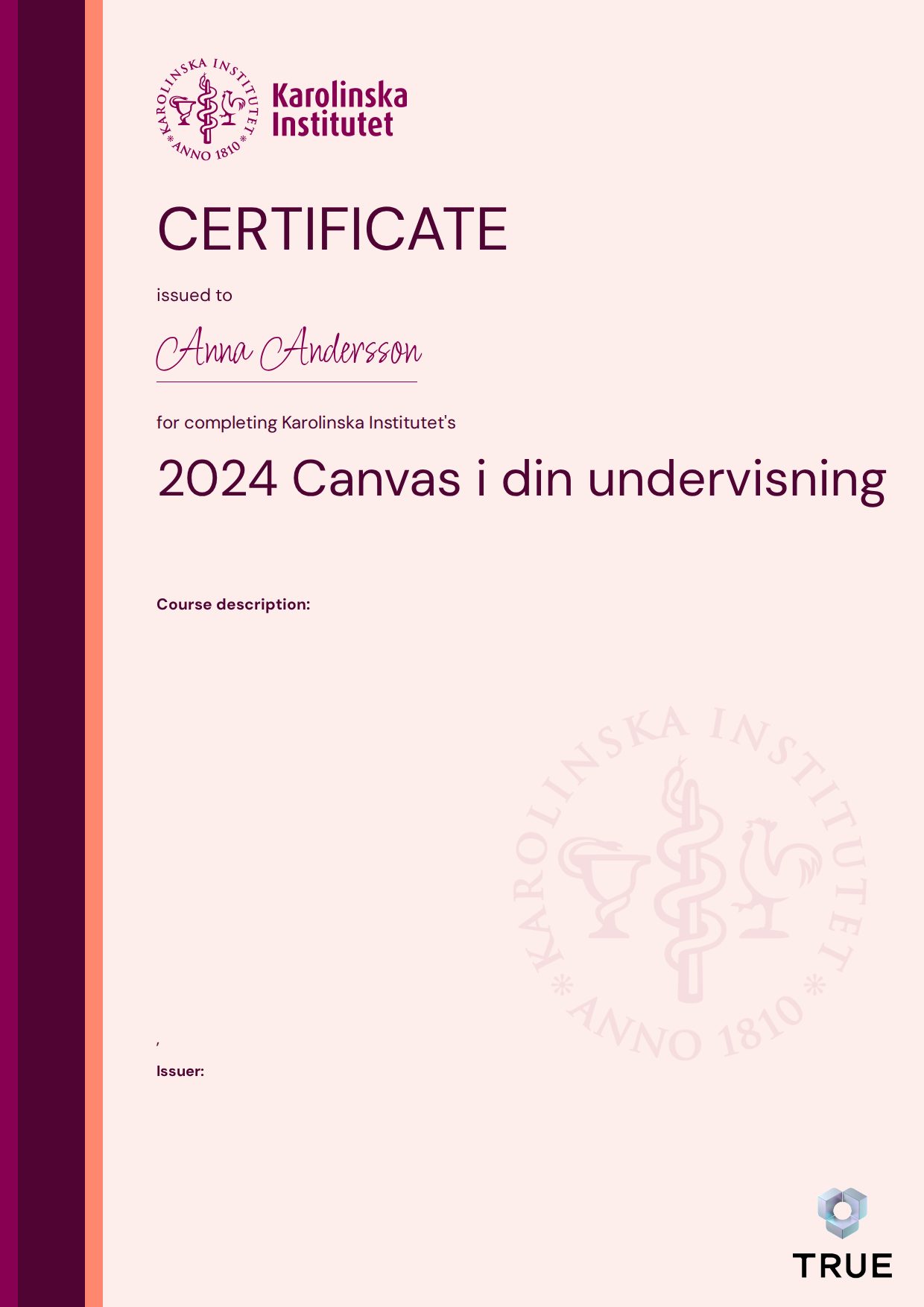 Exempel: diplom för 2024 Canvas i din undervisning från KI - Karolinska Institutet