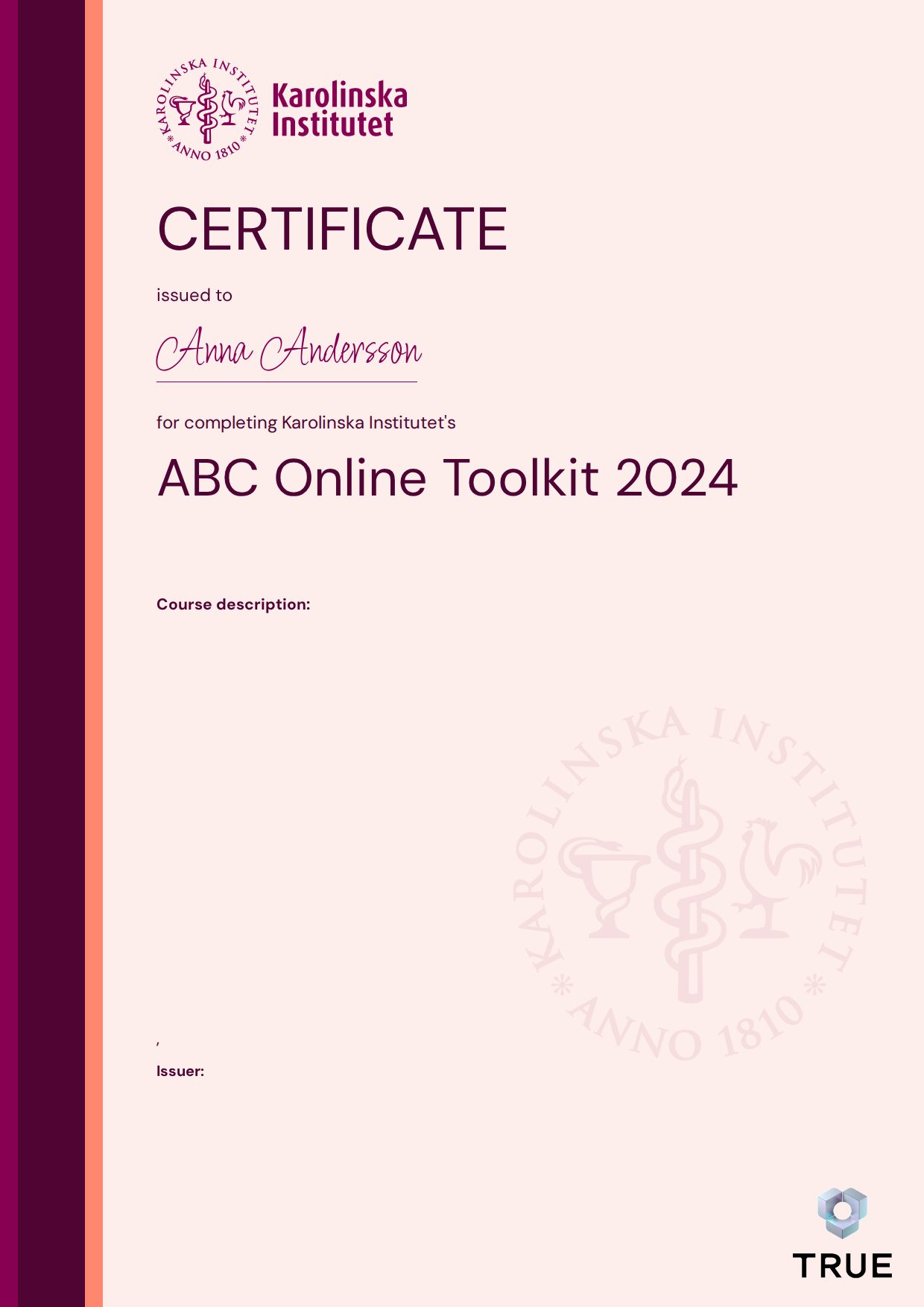 Example certificate for ABC Online Toolkit 2024 from KI - Karolinska Institutet