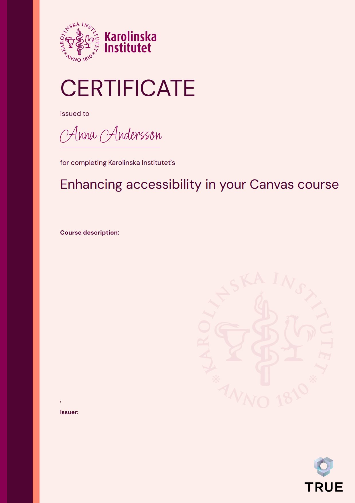 Exempel: diplom för Enhancing accessibility in your Canvas course från KI - Karolinska Institutet
