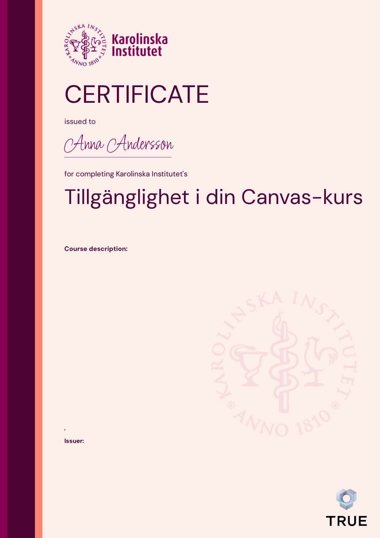 Example certificate for Tillgänglighet i din Canvas-kurs from KI - Karolinska Institutet