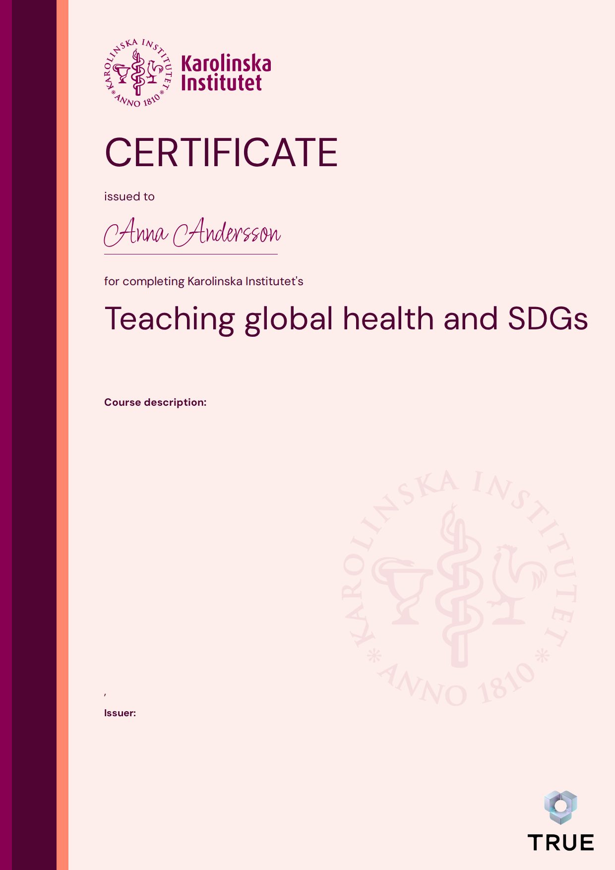 Exempel: diplom för Teaching global health and SDGs från KI - Karolinska Institutet