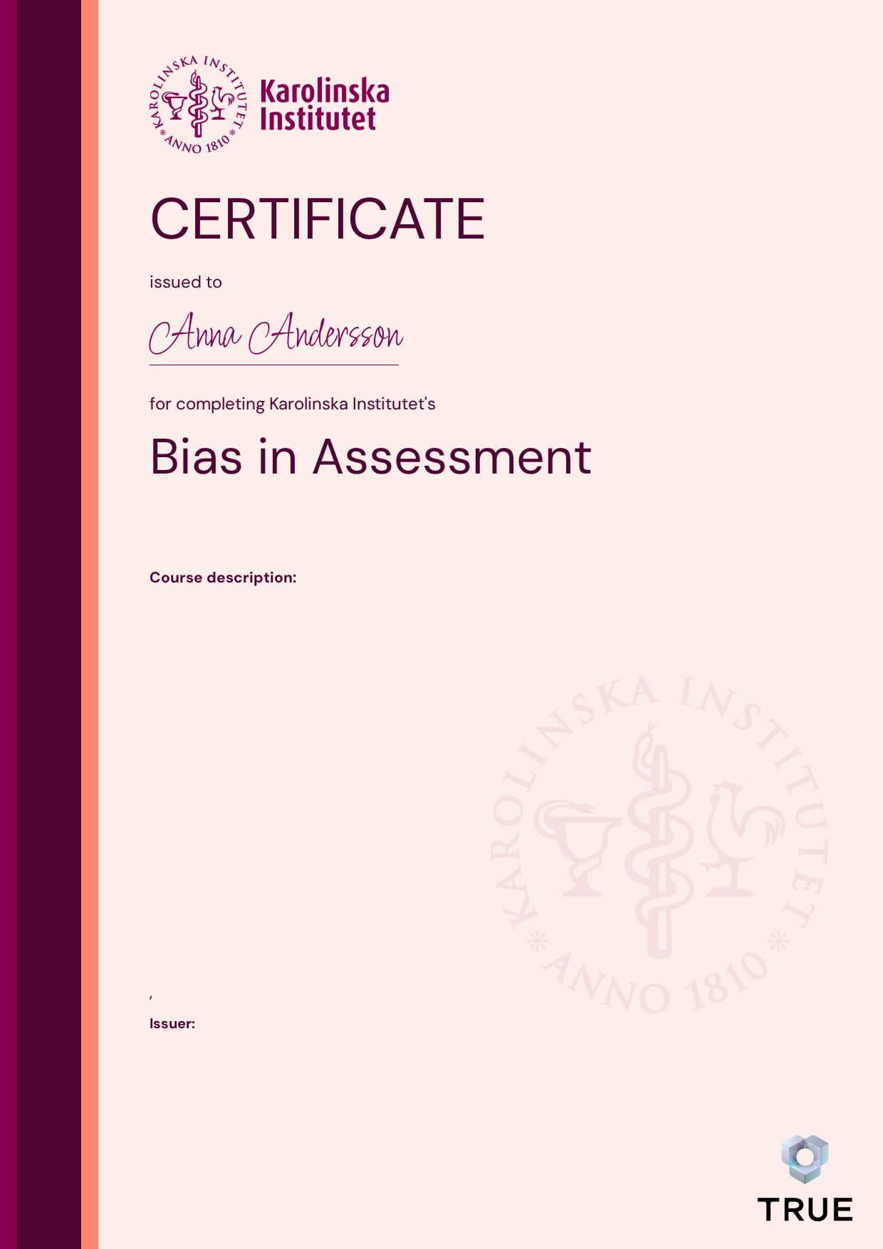 Example certificate for Bias in Assessment from KI - Karolinska Institutet