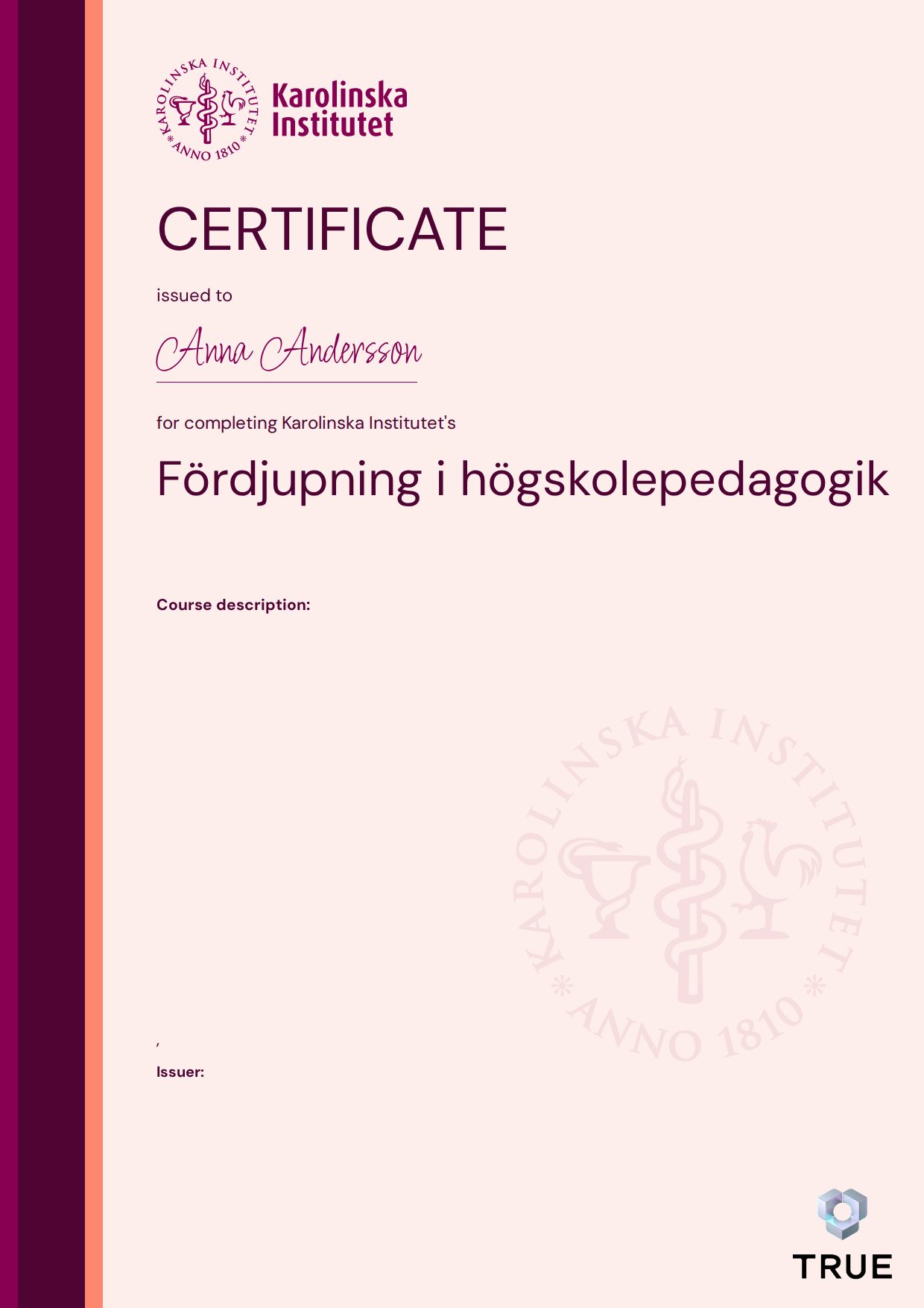 Exempel: diplom för Fördjupning i högskolepedagogik från KI - Karolinska Institutet