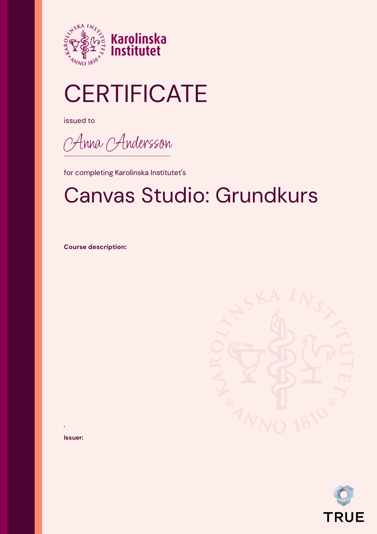 Example certificate for Canvas Studio: Grundkurs from KI - Karolinska Institutet