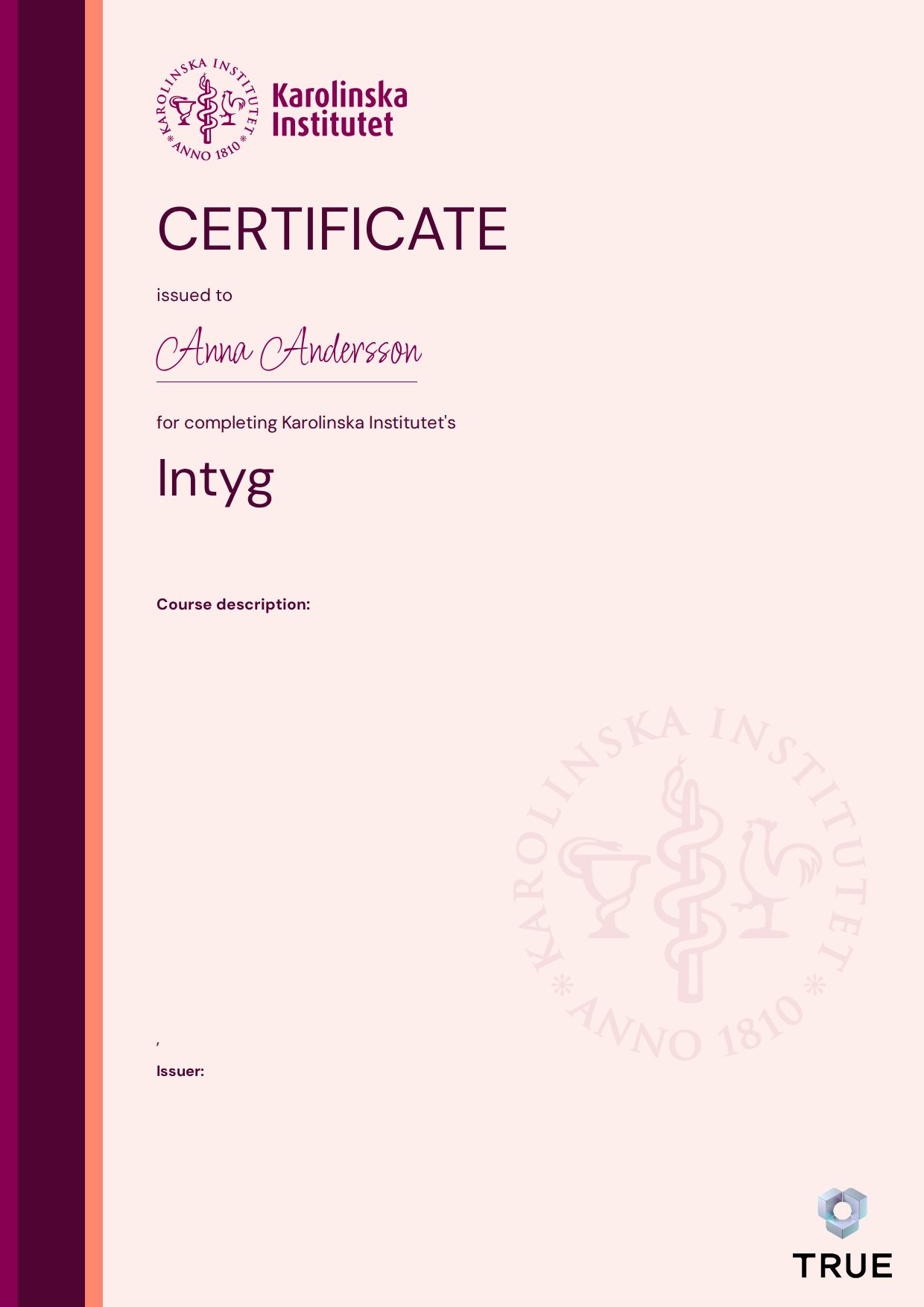Example certificate for Intyg from KI - Karolinska Institutet