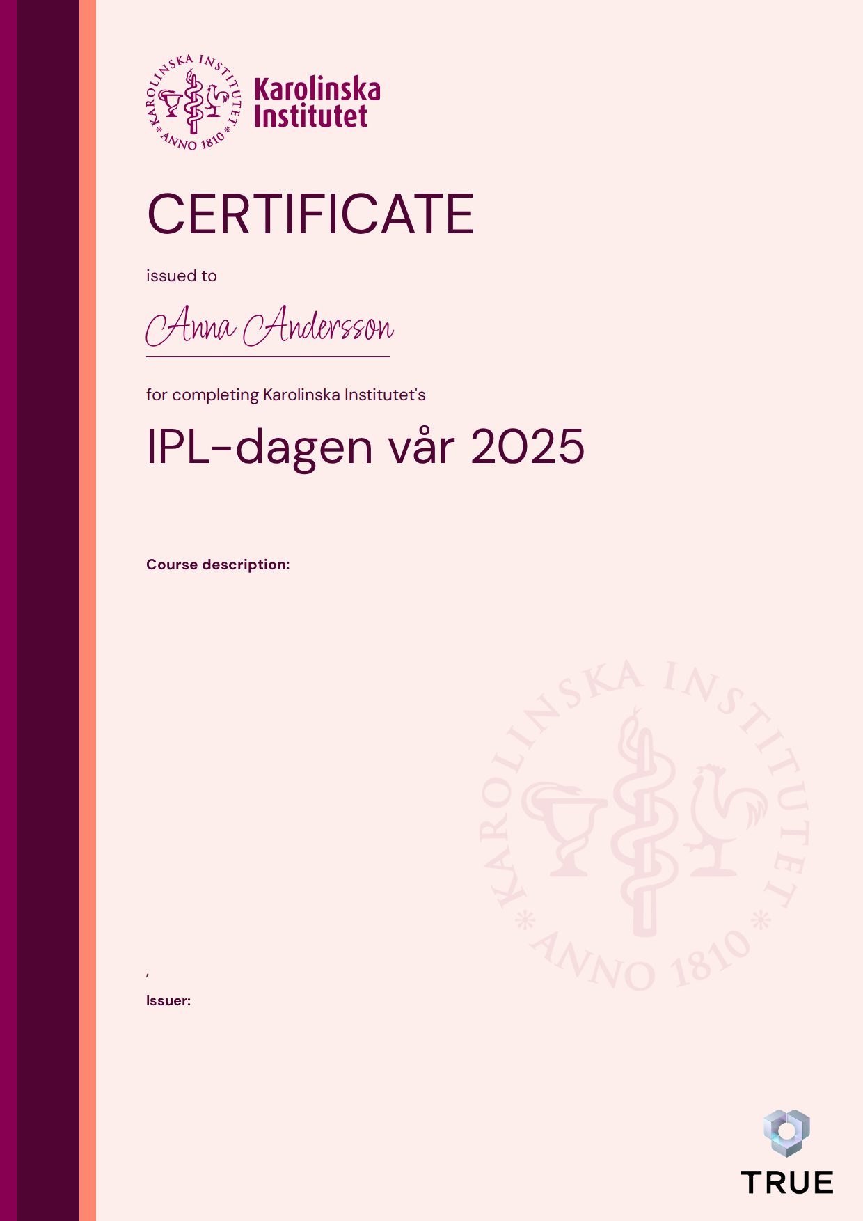 Exempel: diplom för IPL-dagen vår 2025 från KI - Karolinska Institutet