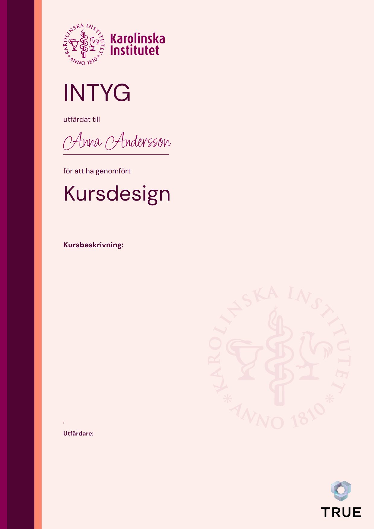 Example certificate for Kursdesign from KI - Karolinska Institutet