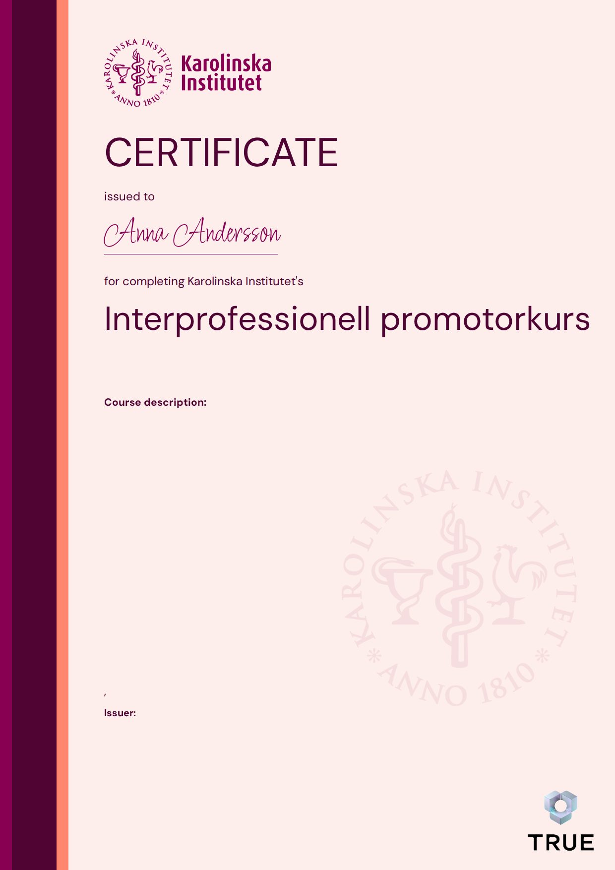Exempel: diplom för Interprofessionell promotorkurs från KI - Karolinska Institutet