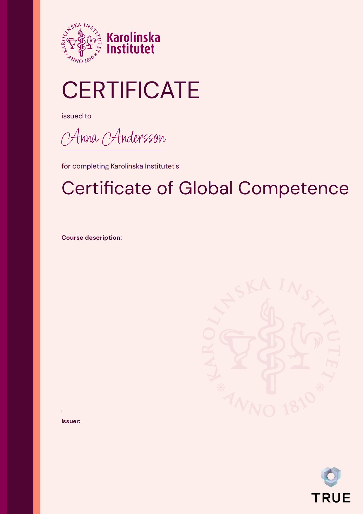 Exempel: diplom för Certificate of Global Competence från KI - Karolinska Institutet