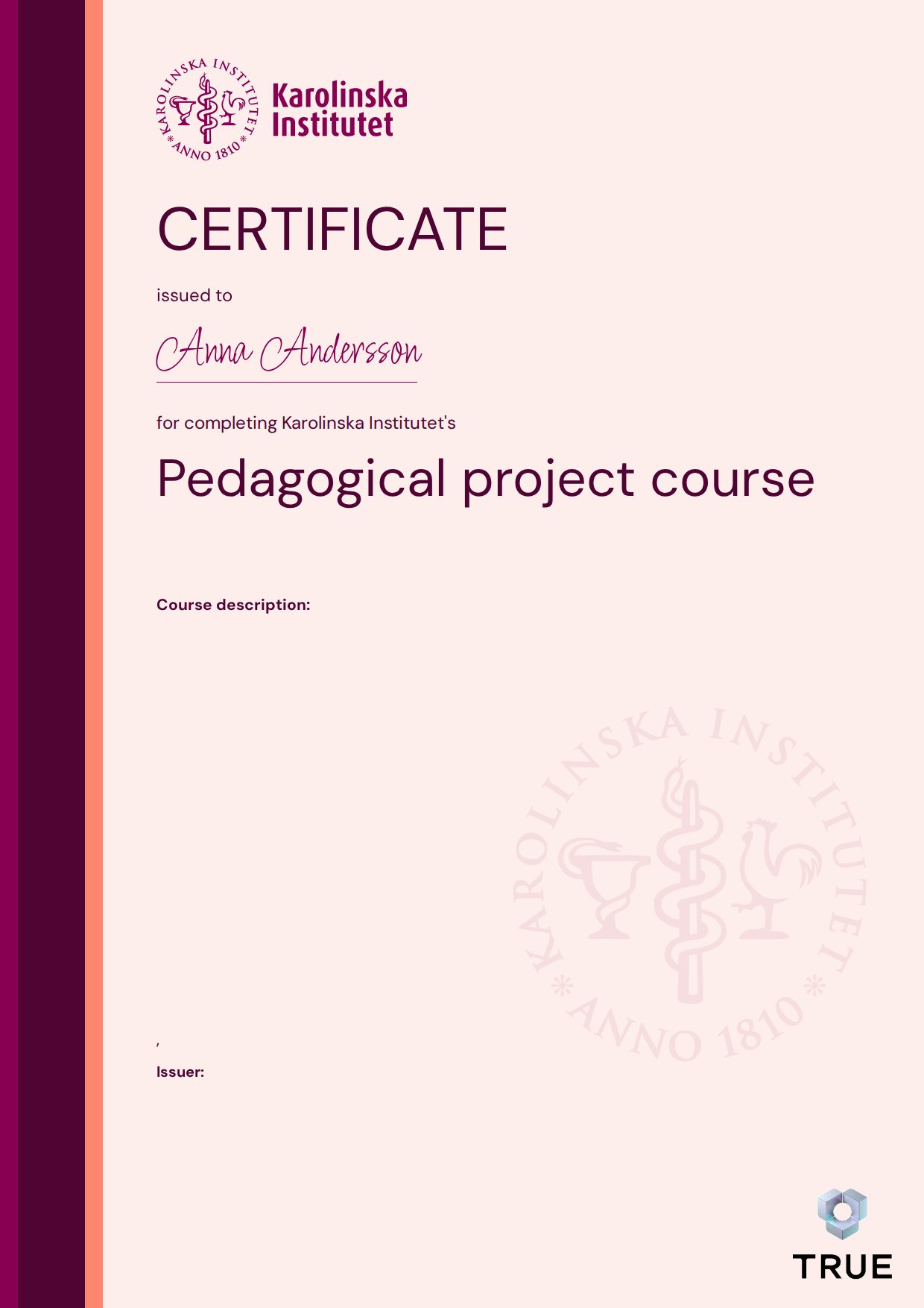 Exempel: diplom för Pedagogical project course från KI - Karolinska Institutet