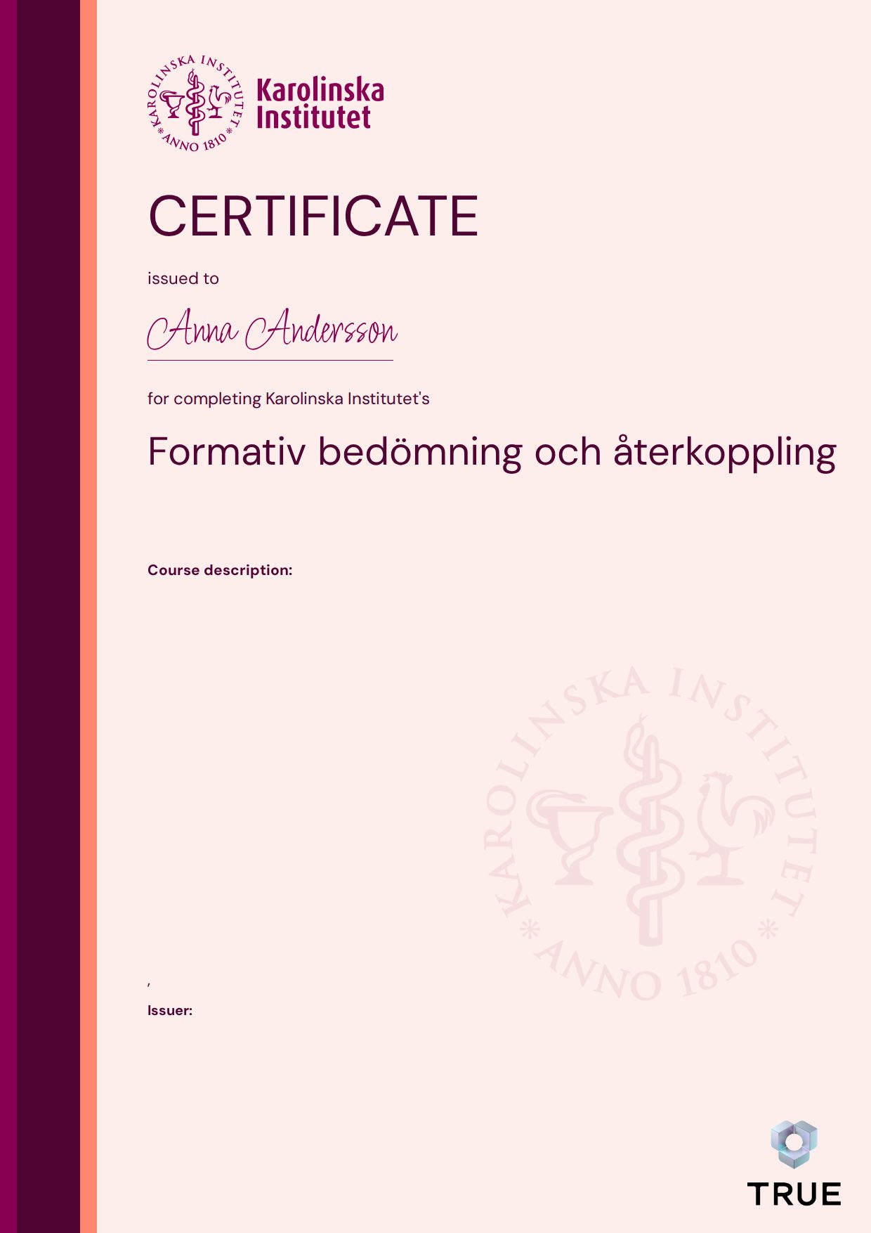 Exempel: diplom för Formativ bedömning och återkoppling från KI - Karolinska Institutet
