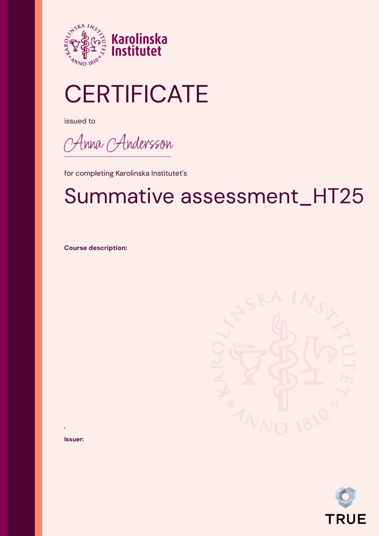 Example certificate for Summative assessment_HT25 from KI - Karolinska Institutet