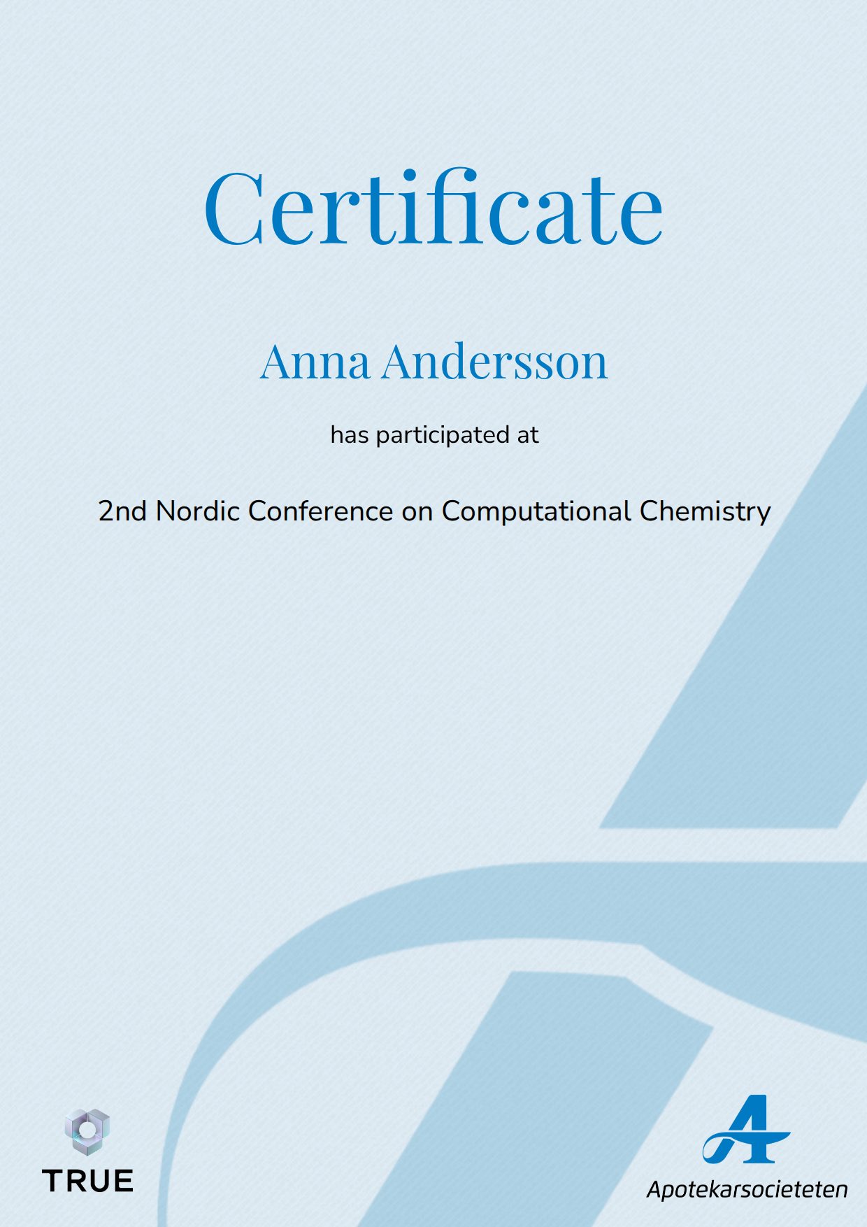 Exempel: diplom för 2nd Nordic Conference on Computational Chemistry från Läkemedelsakademin