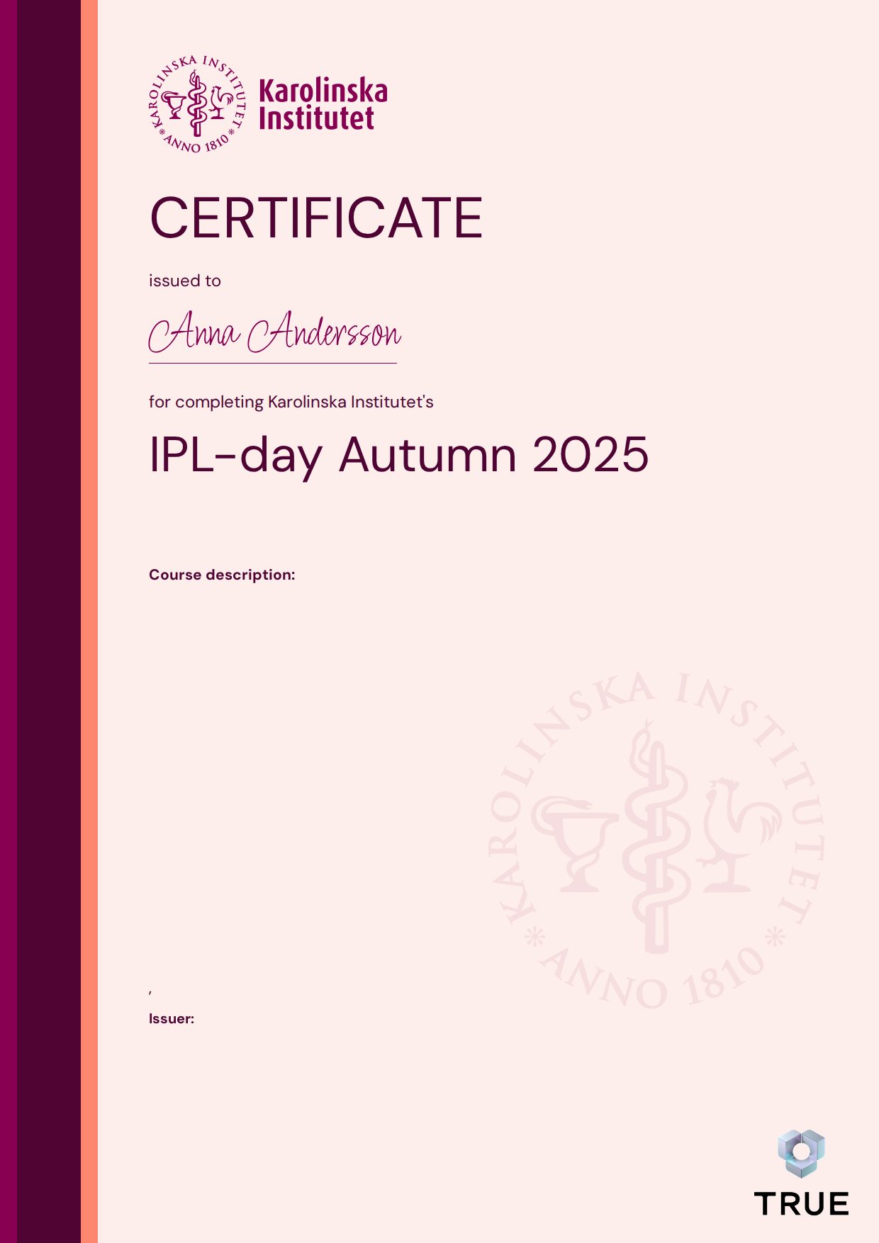 Exempel: diplom för IPL-day Autumn 2025 från KI - Karolinska Institutet
