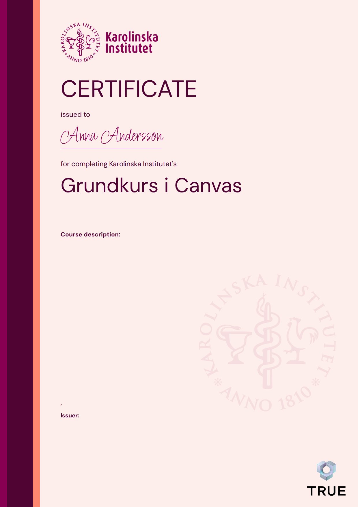 Exempel: diplom för Grundkurs i Canvas från KI - Karolinska Institutet