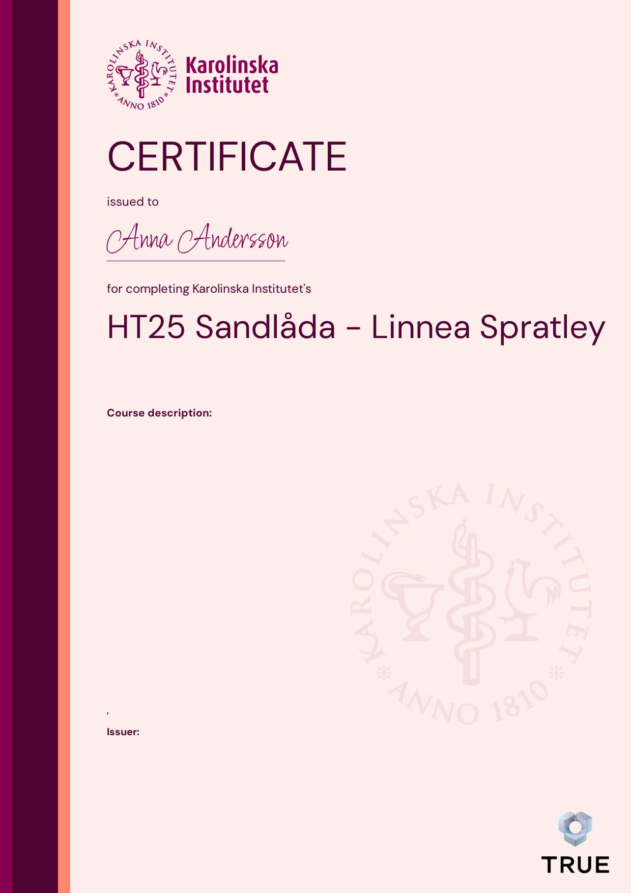 Example certificate for HT25 Sandlåda - Linnea Spratley from KI - Karolinska Institutet