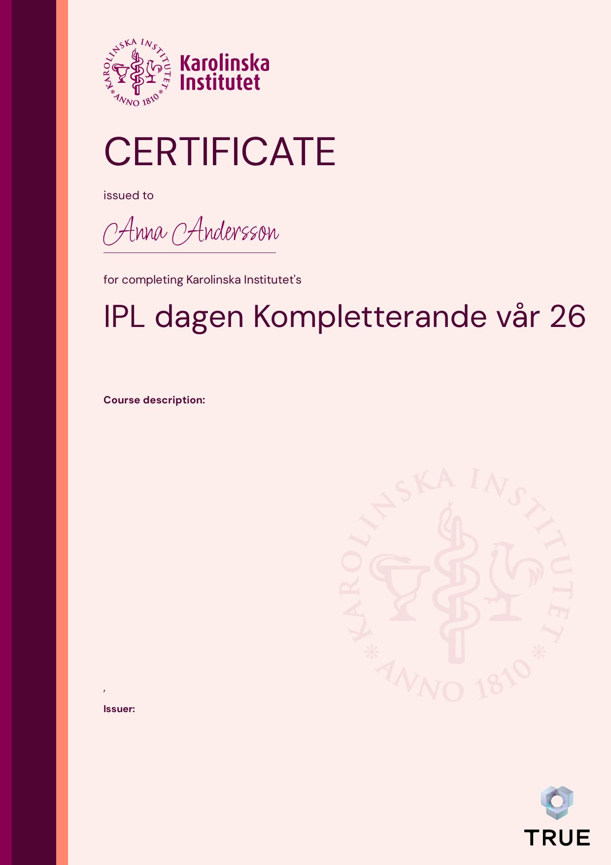 Example certificate for IPL dagen Kompletterande vår 26 from KI - Karolinska Institutet