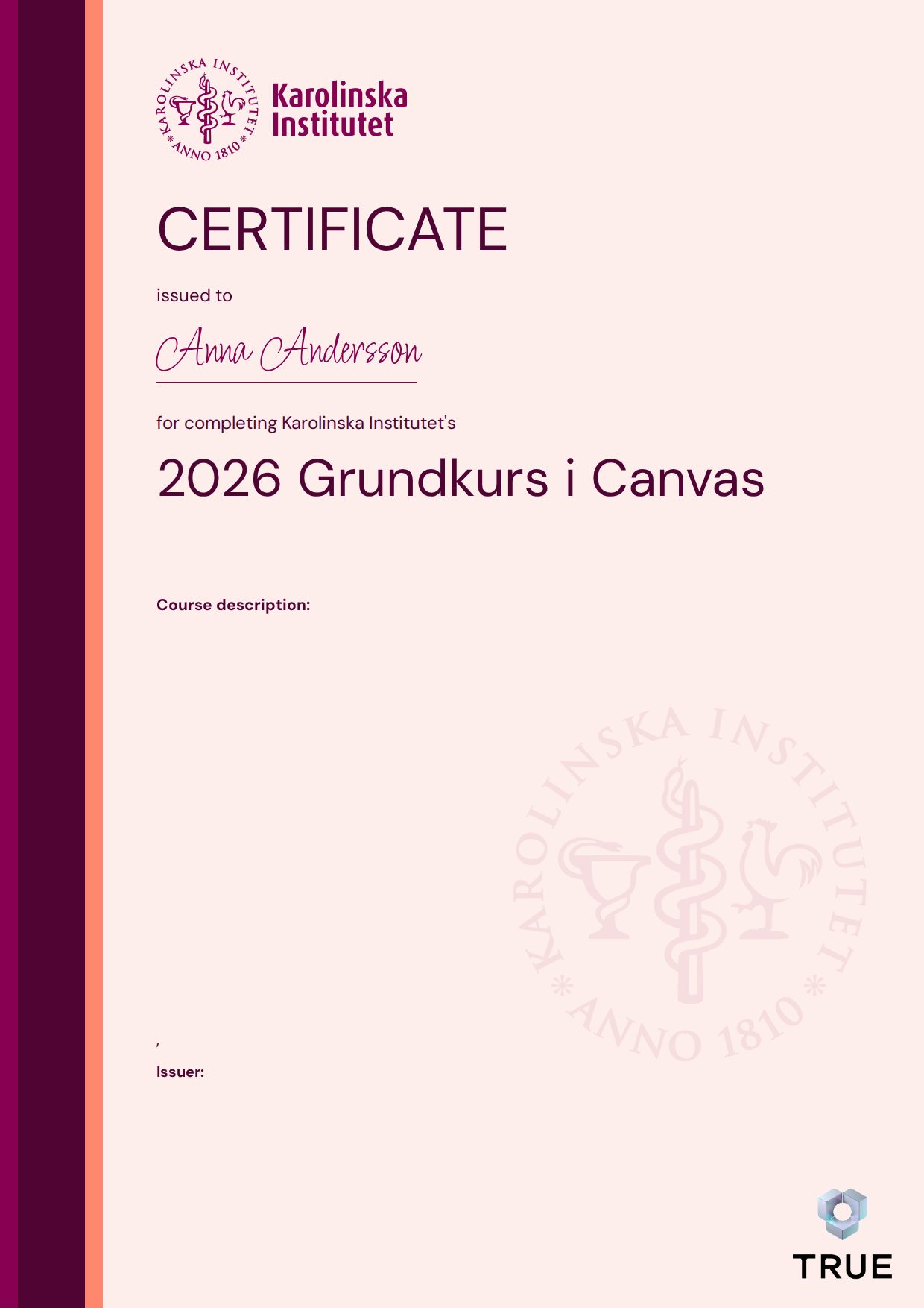 Exempel: diplom för 2026 Grundkurs i Canvas från KI - Karolinska Institutet