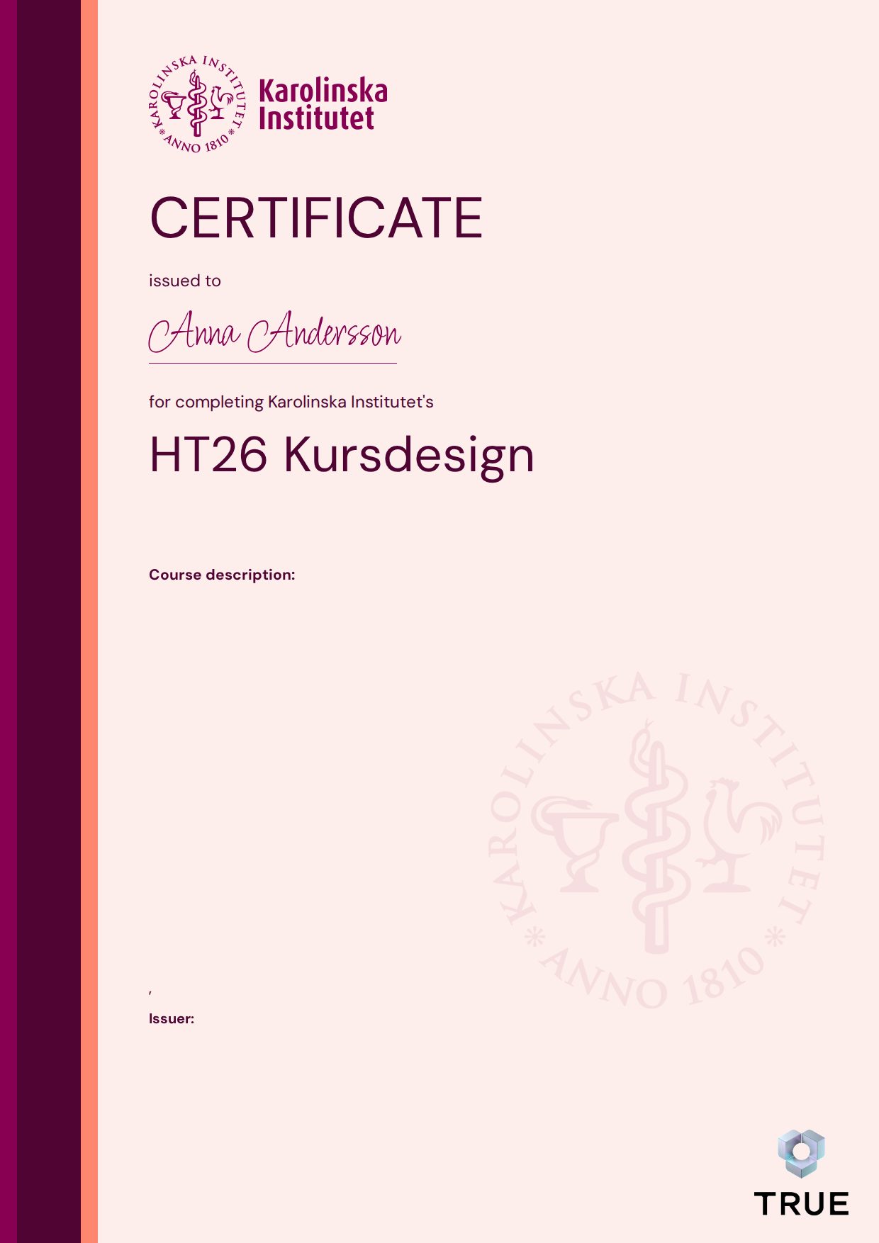 Exempel: diplom för HT26 Kursdesign från KI - Karolinska Institutet