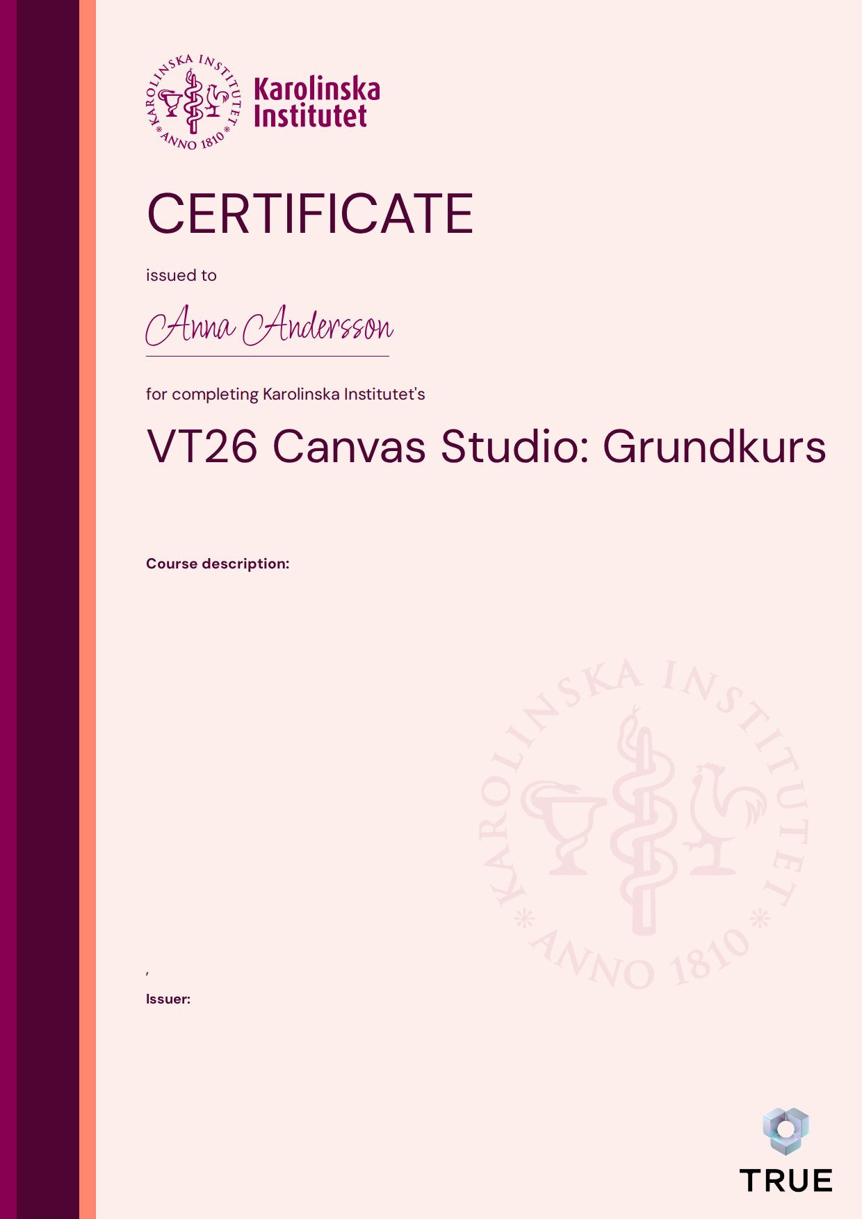 Exempel: diplom för VT26 Canvas Studio: Grundkurs från KI - Karolinska Institutet