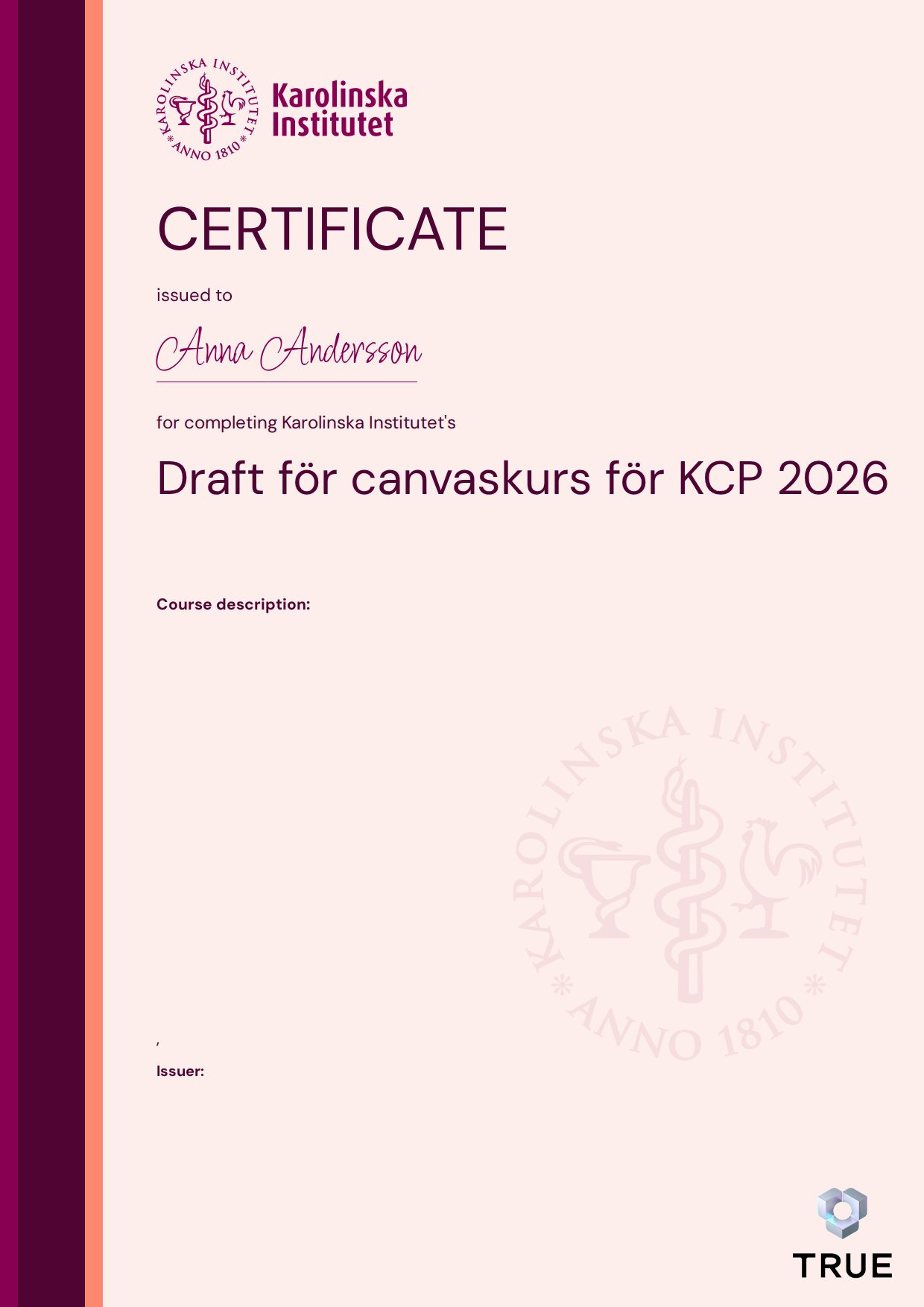 Exempel: diplom för Draft för canvaskurs för KCP 2026 från KI - Karolinska Institutet