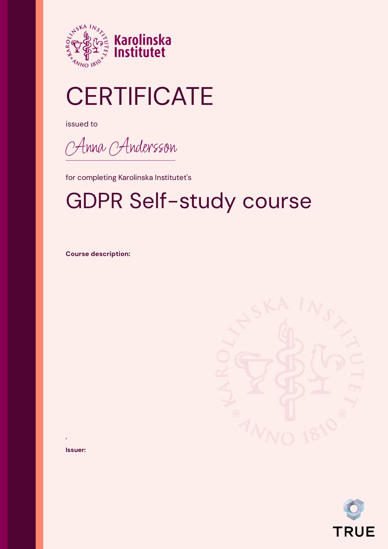 Example certificate for GDPR Self-study course from KI - Karolinska Institutet