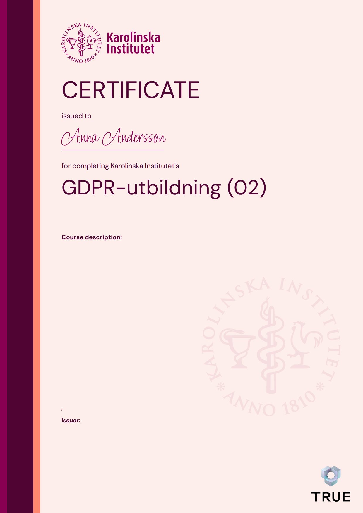 Exempel: diplom för GDPR-utbildning (02) från KI - Karolinska Institutet