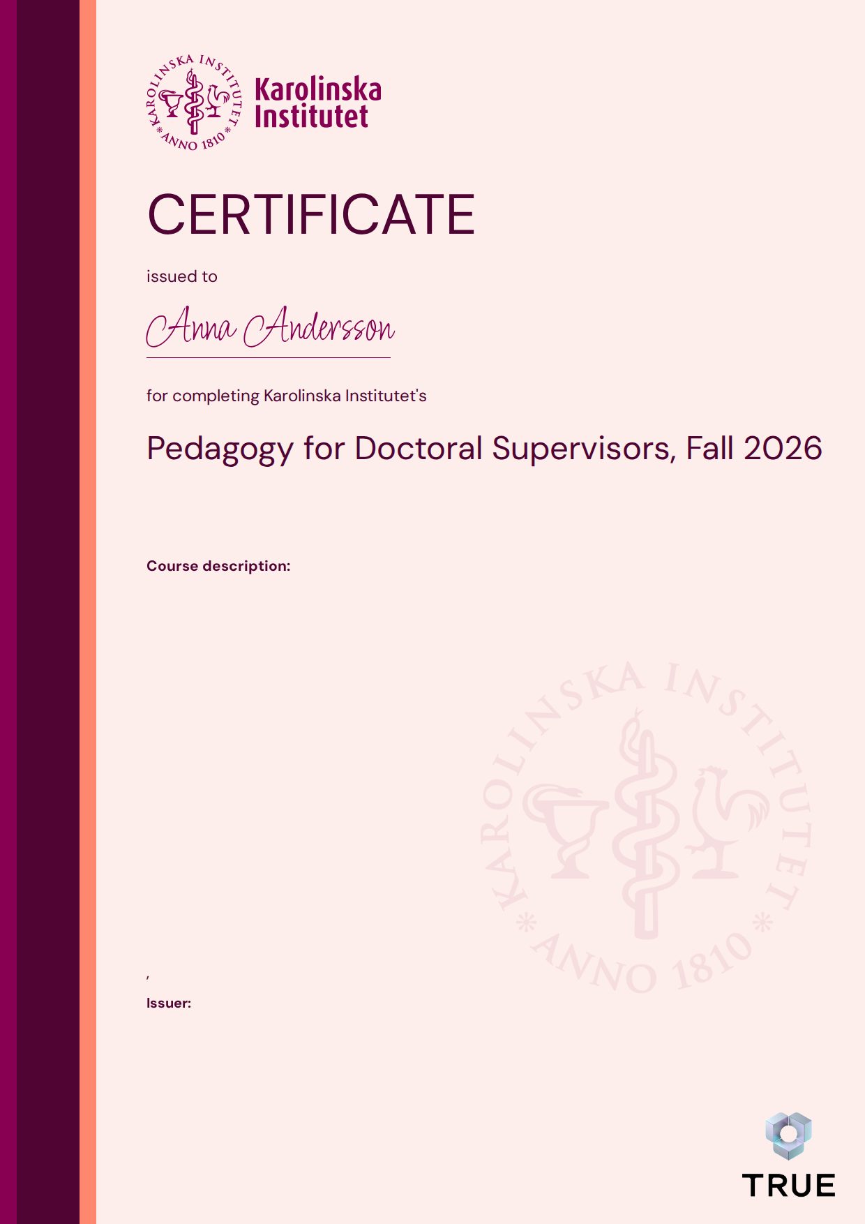 Exempel: diplom för Pedagogy for Doctoral Supervisors, Fall 2026 från KI - Karolinska Institutet