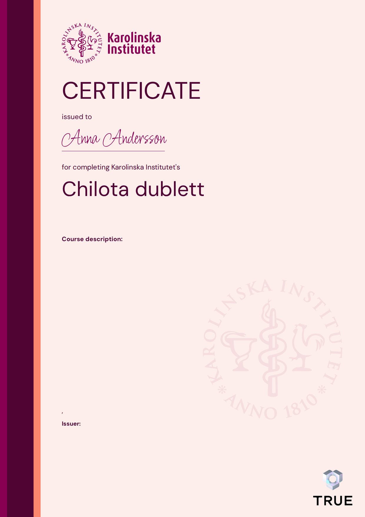 Exempel: diplom för Chilota dublett från KI - Karolinska Institutet