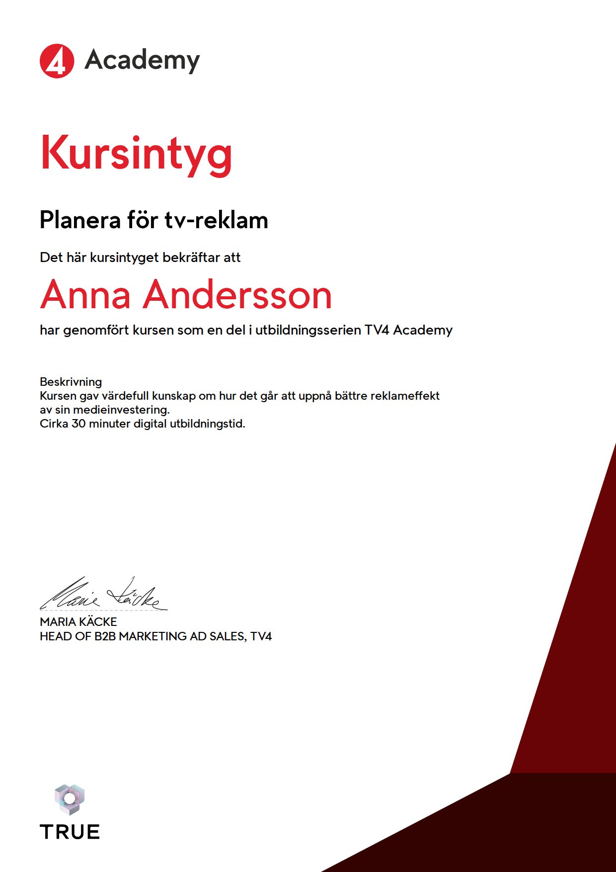 Example certificate for Planera för tv-reklam from TV4