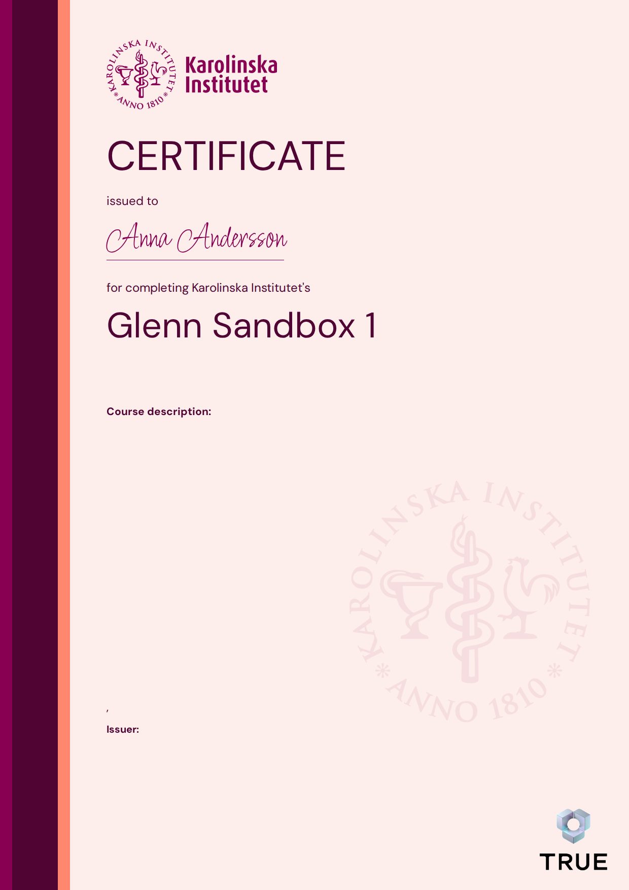 Exempel: diplom för Glenn Sandbox 1 från KI - Karolinska Institutet