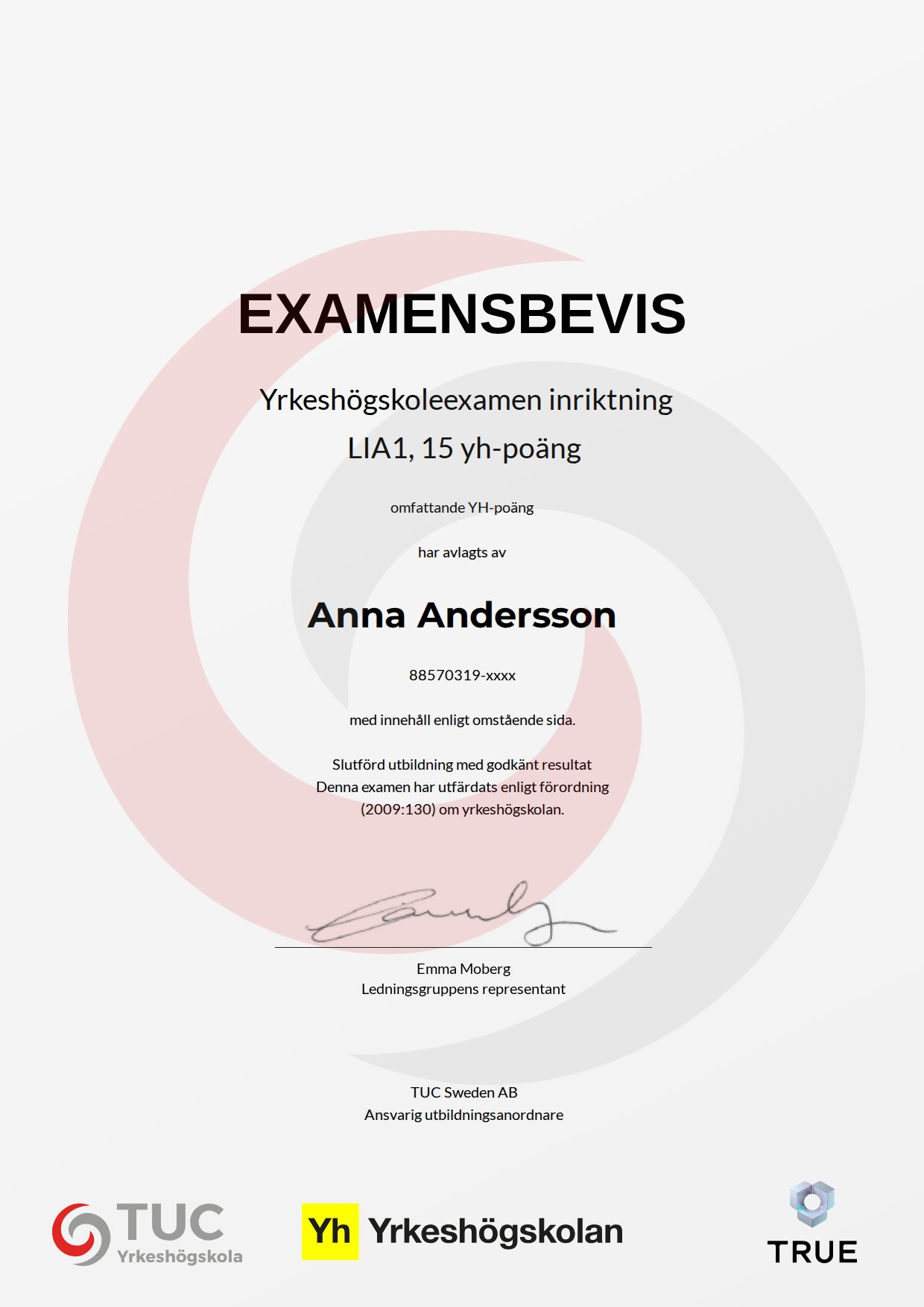 Example certificate for LIA1 , 15 yh-poäng from TUC Yrkeshögskola