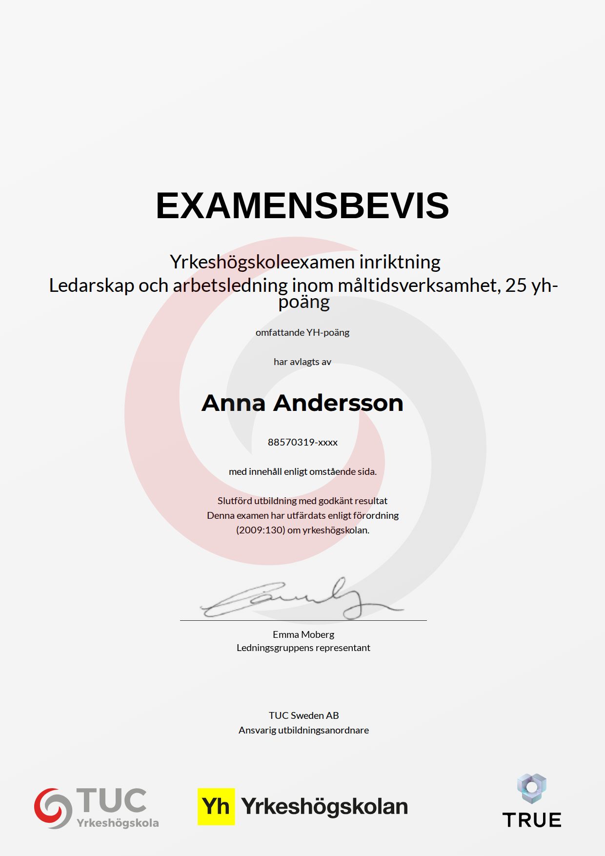 Example certificate for Ledarskap och arbetsledning inom måltidsverksamhet, 25 yh-poäng from TUC Yrkeshögskola
