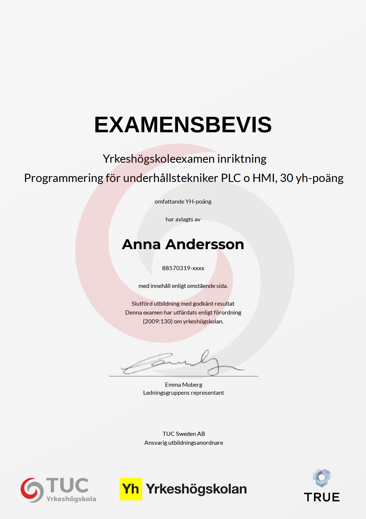 Exempel: diplom för Programmering för underhållstekniker PLC o HMI, 30 yh-poäng från TUC Yrkeshögskola