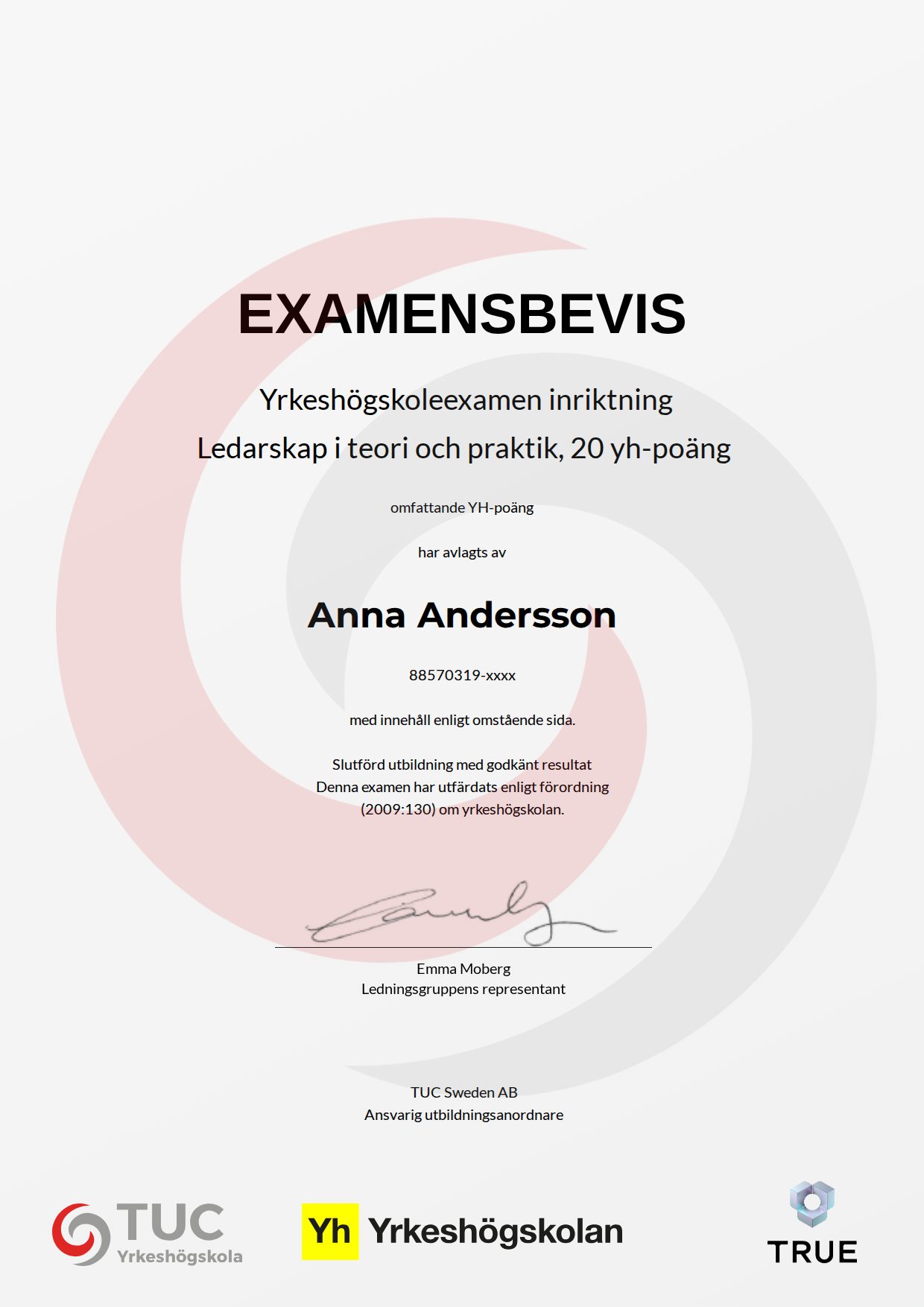 Example certificate for Ledarskap i teori och praktik , 20 yh-poäng from TUC Yrkeshögskola