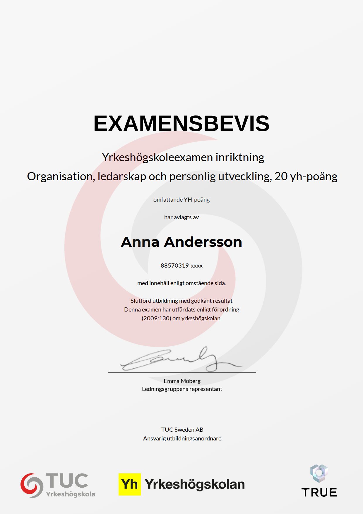 Exempel: diplom för Organisation, ledarskap och personlig utveckling, 20 yh-poäng från TUC Yrkeshögskola