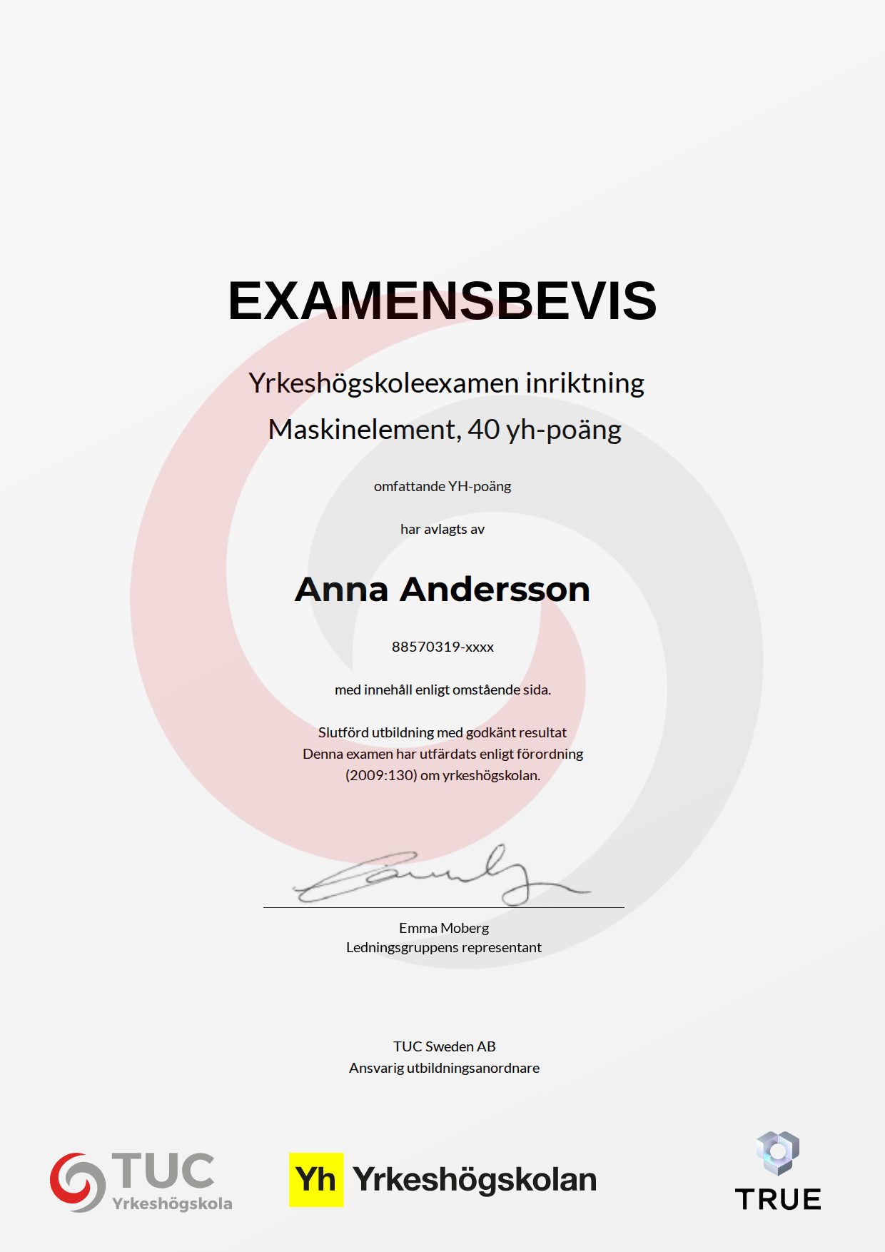 Example certificate for Maskinelement, 40 yh-poäng from TUC Yrkeshögskola