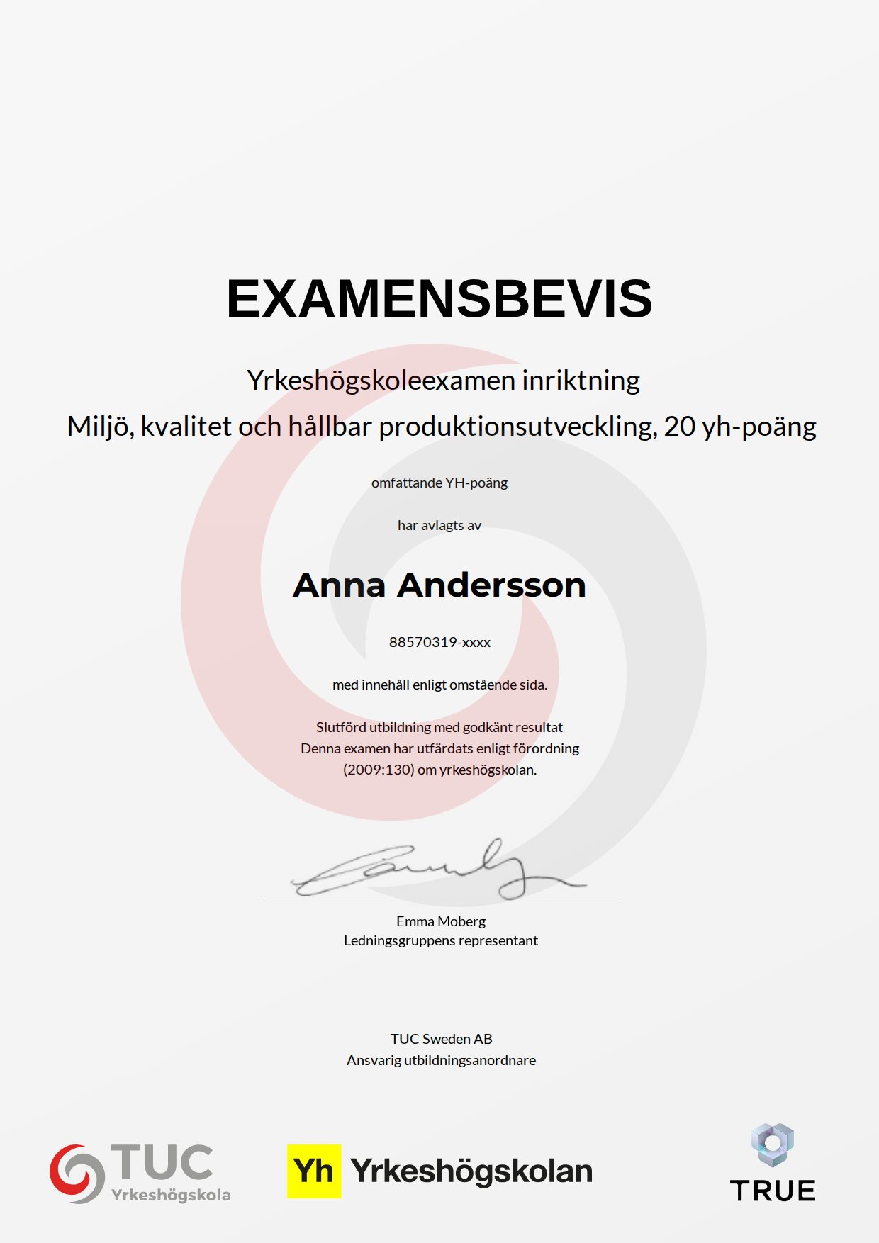 Exempel: diplom för Miljö, kvalitet och hållbar produktionsutveckling, 20 yh-poäng från TUC Yrkeshögskola