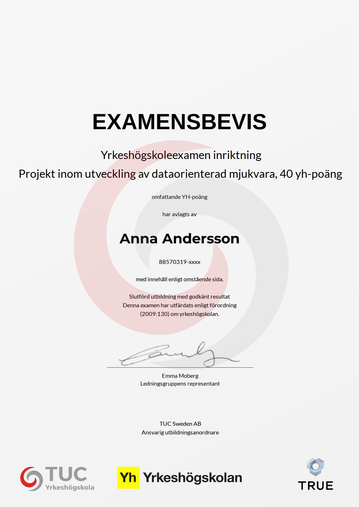 Example certificate for Projekt inom utveckling av dataorienterad mjukvara, 40 yh-poäng from TUC Yrkeshögskola