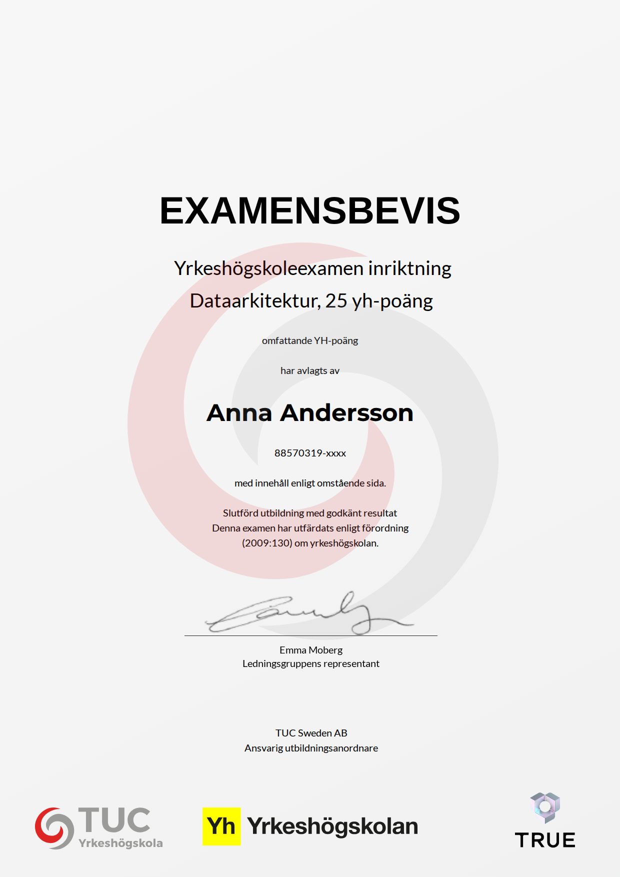 Example certificate for Dataarkitektur, 25 yh-poäng from TUC Yrkeshögskola