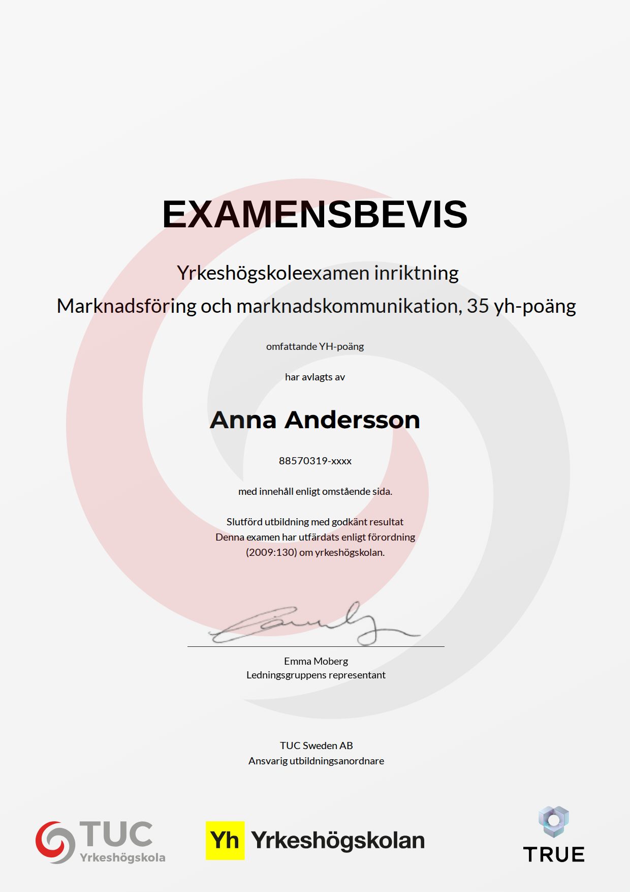 Exempel: diplom för Marknadsföring och marknadskommunikation, 35 yh-poäng från TUC Yrkeshögskola