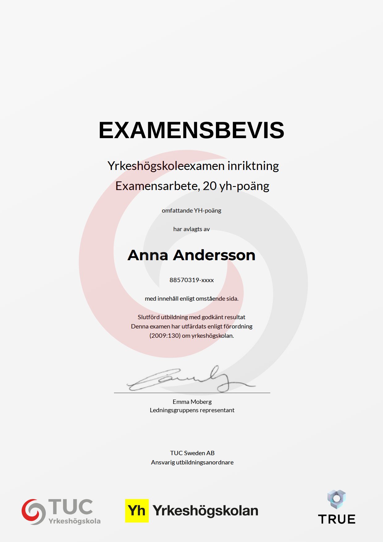 Example certificate for Examensarbete, 20 yh-poäng from TUC Yrkeshögskola