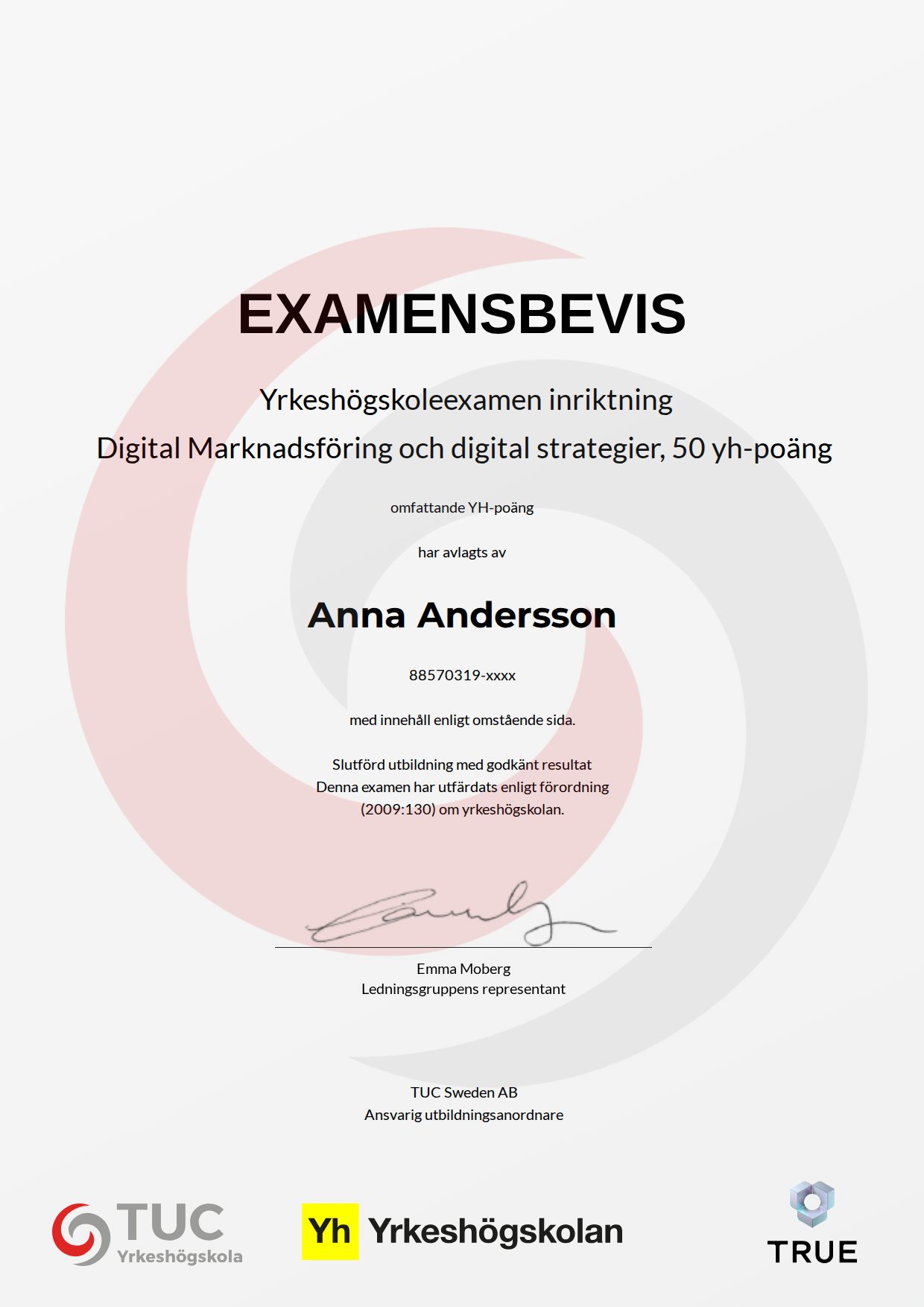 Exempel: diplom för Digital Marknadsföring och digital strategier, 50 yh-poäng från TUC Yrkeshögskola